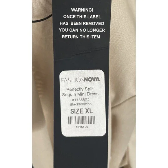 Fashion Nova Diva Sequin Mini Dress X-Large Plunge V-Neck Beige Black Slits Sexy - Picture 11 of 12